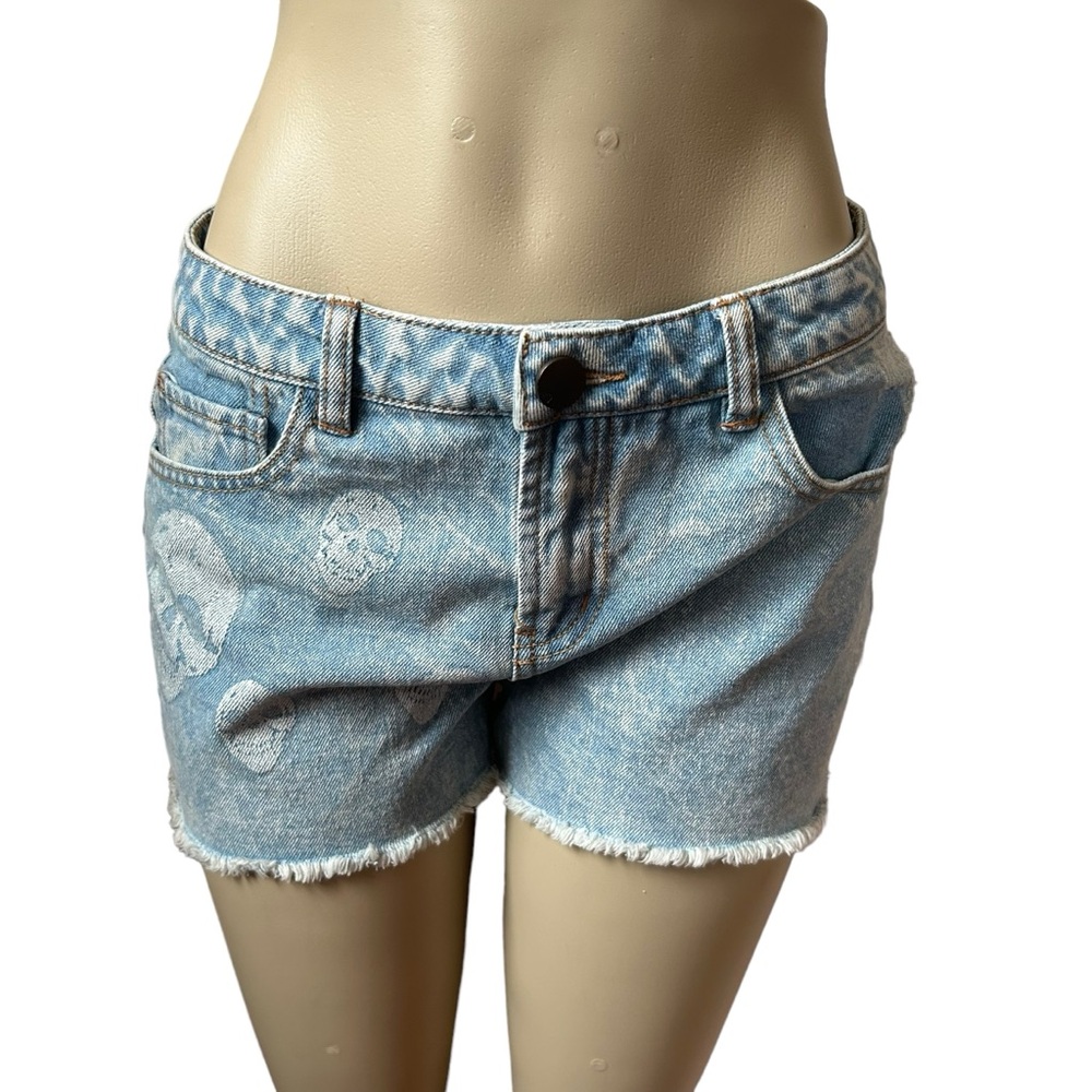 Tinsel denim shorts NEW women’s size 30 skulls y2k grunge blue distressed boho - Picture 12 of 16